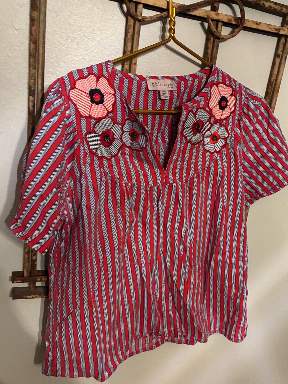 Philosophy Red and White Striped Floral Embroidered Popover